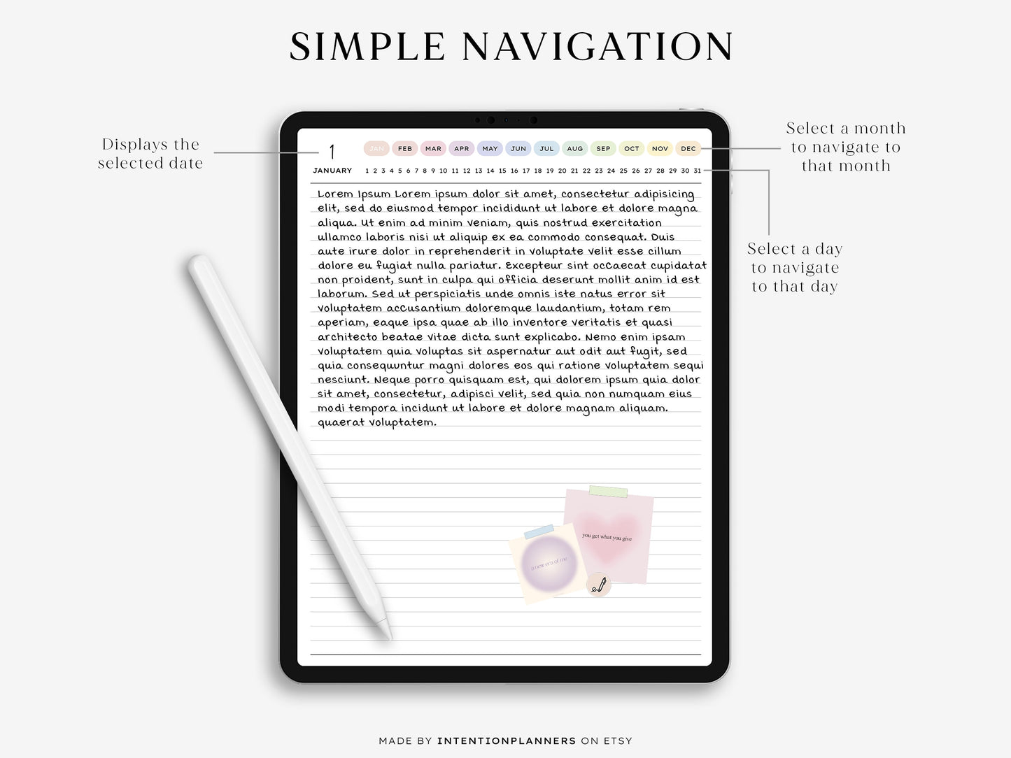 A mockup of a filled-out page shows neat handwriting, colorful highlights, and icons, emphasizing the journal's user-friendly layout.