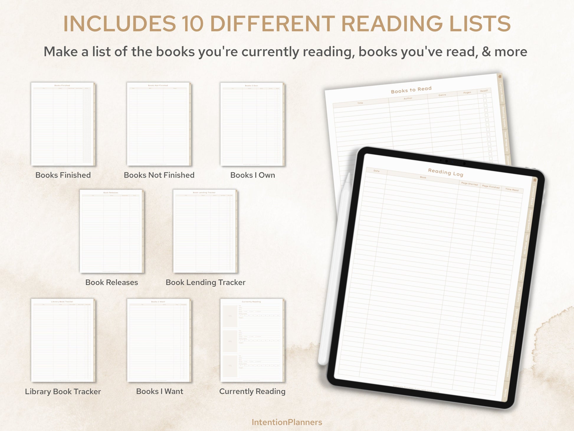 Sample pages include sections for tracking books read, recording thoughts and reviews, setting reading goals, and organizing a to-be-read list.