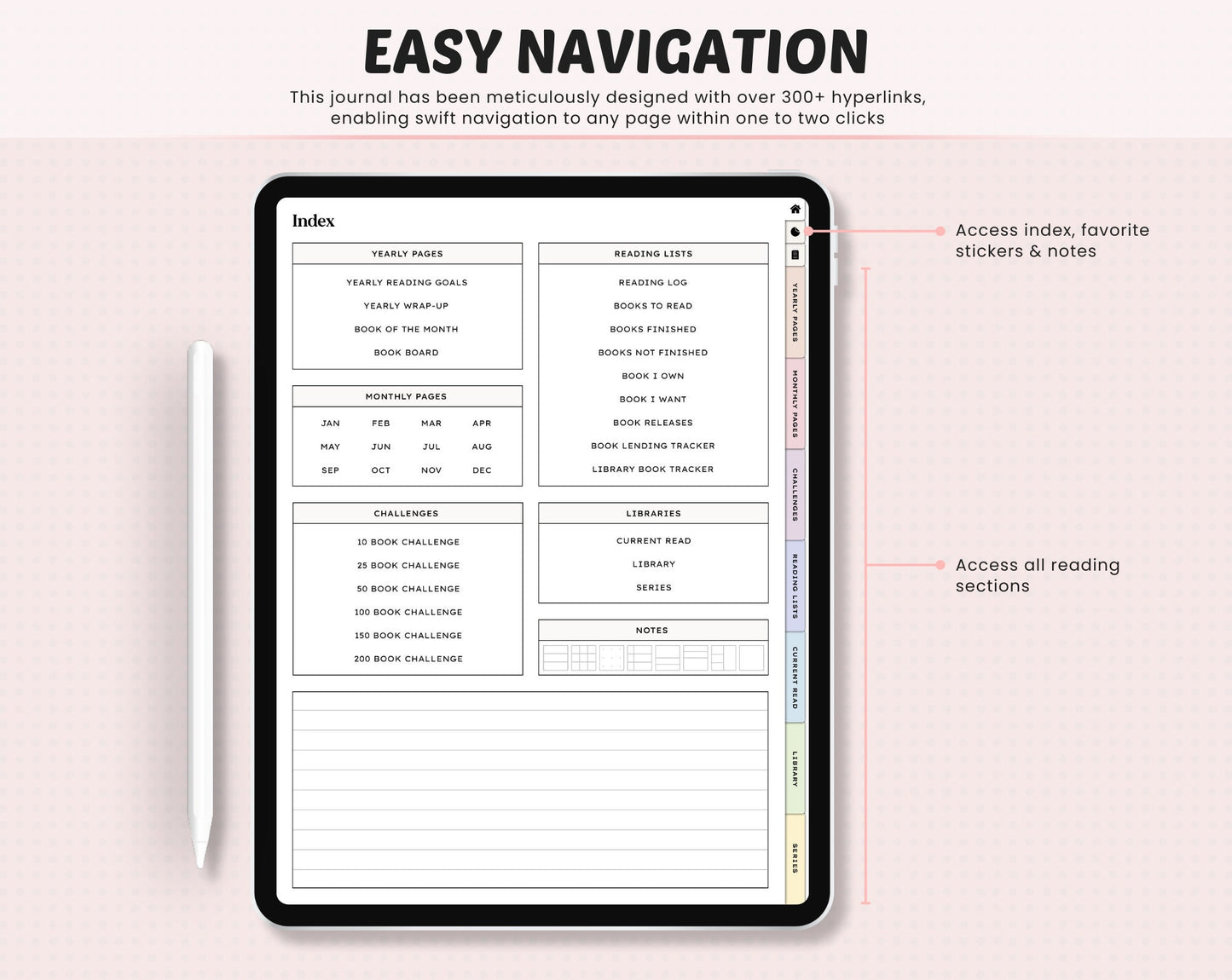 The images show there is easy navigation in the reading journal.