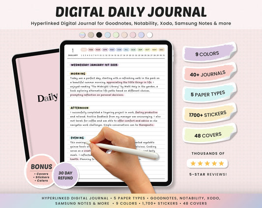 Image of a digital daily journal listing on Etsy. A mockup of a filled-out page shows neat handwriting, colorful highlights, and icons, emphasizing the journal&#39;s user-friendly layout.